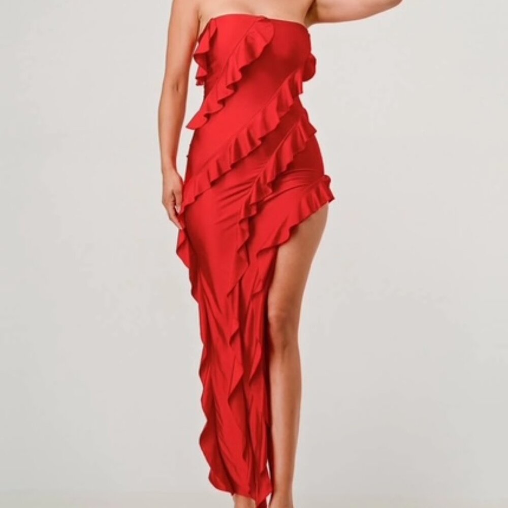 Strapless Asymmetrical Ruffle Gown